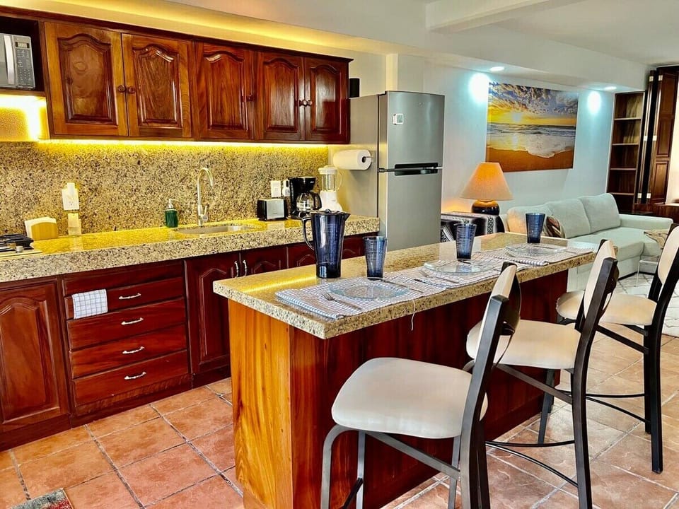 Kitchen features hot plate full fridge and toaster oven