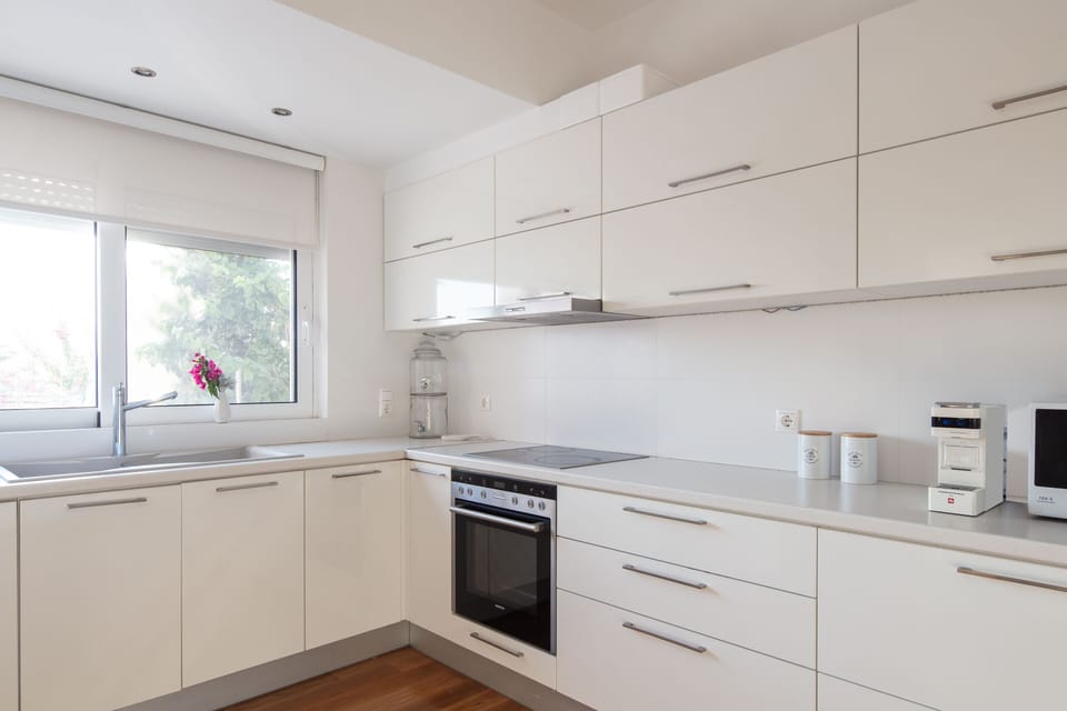 Modern kitchen/ view of front patio/ garden