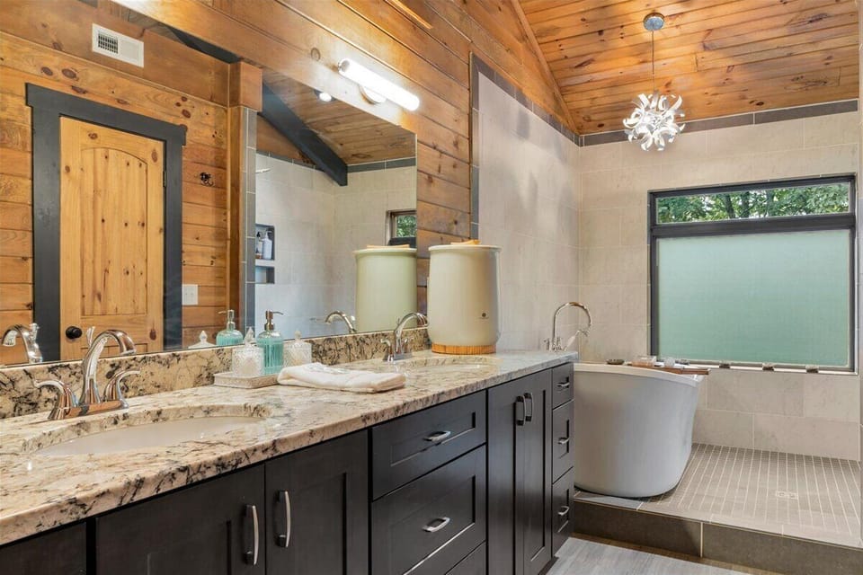 Master bathroom with European style wet room.