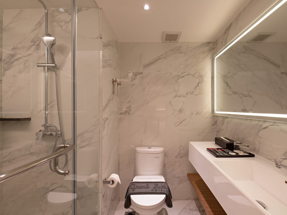 Shower, rainfall showerhead, free toiletries, hair dryer