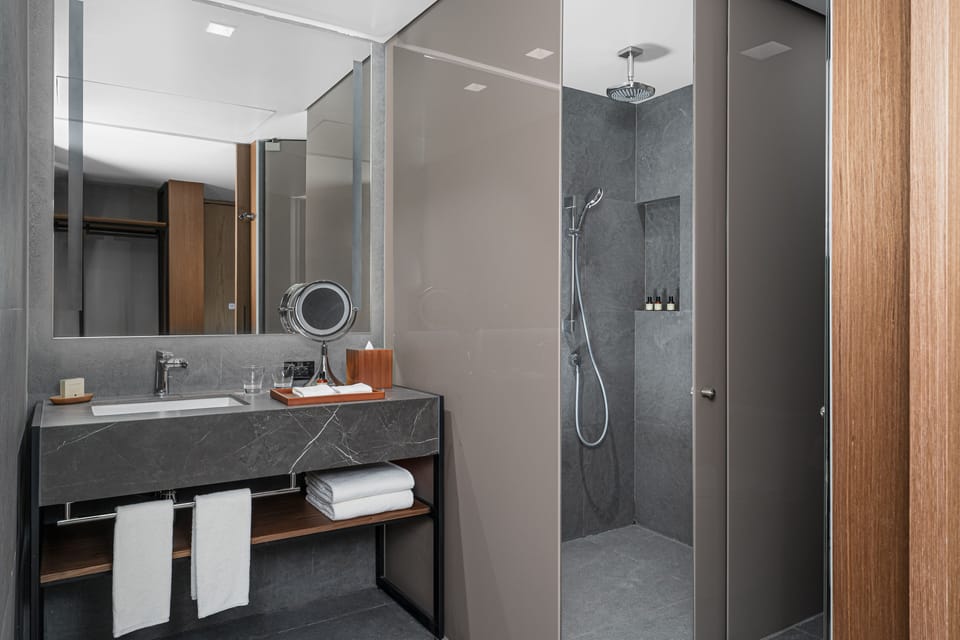 Shower, rainfall showerhead, hair dryer, bathrobes