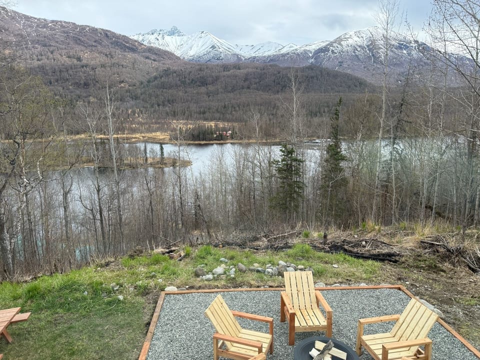 View of Wolverine Lake, Matanuska Peak & the fire pit from the upstairs bedroom
