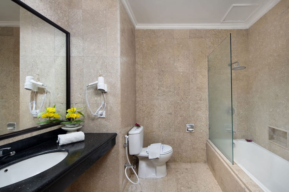 Shower, free toiletries, slippers, bidet