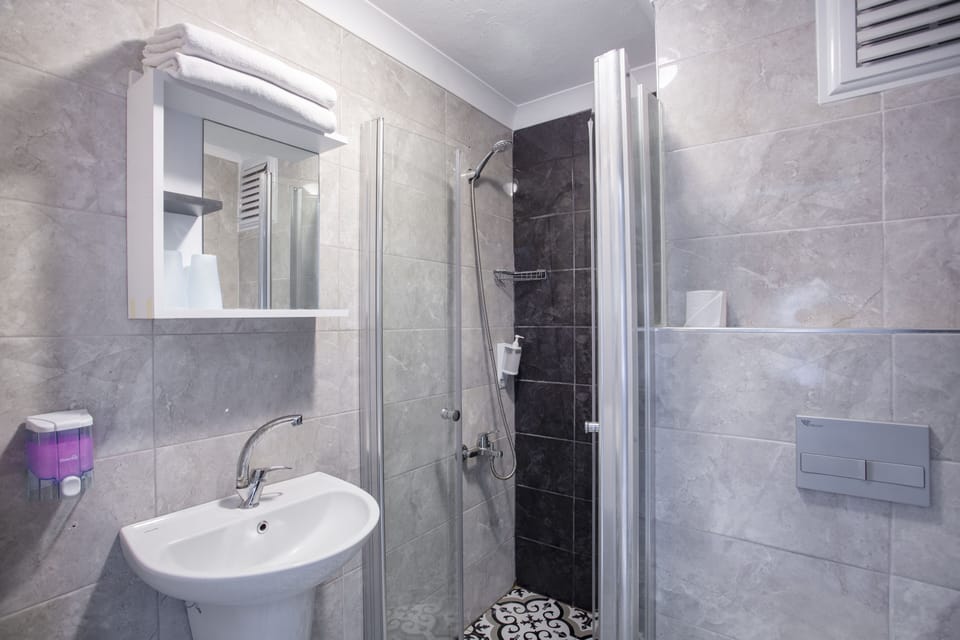 Shower, hair dryer, slippers, towels