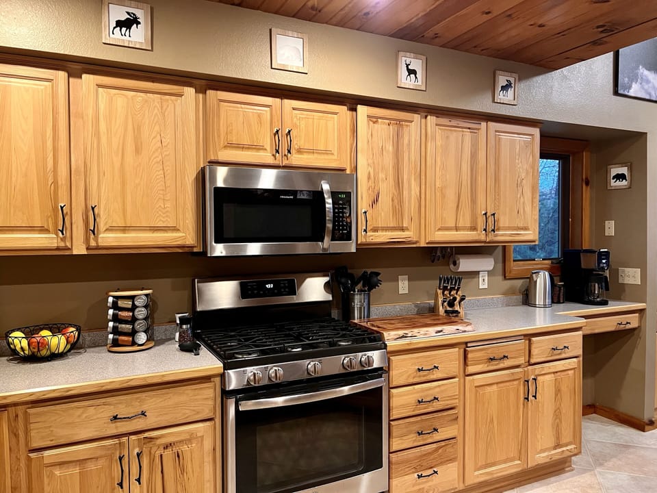 The kitchen comes well stocked with salt, pepper, spices, and cooking oils. 