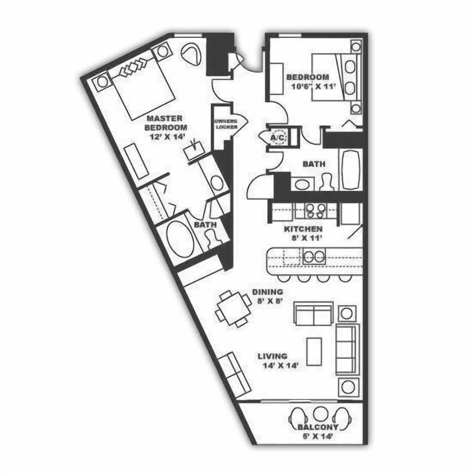 Example floor plan.  Please see our descriptions and photos for actual furnishings and placement.