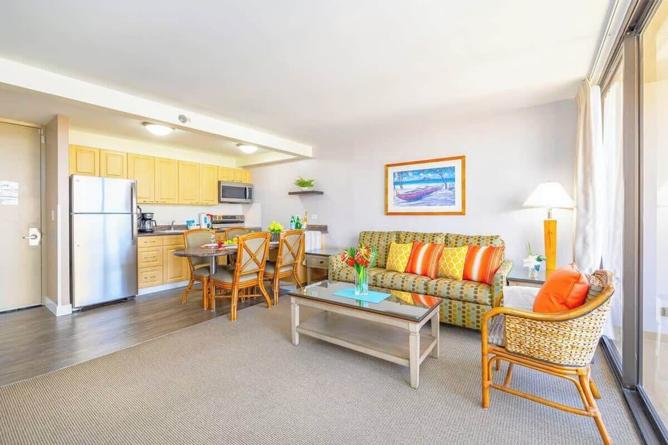 Overview of the living room and kitchen