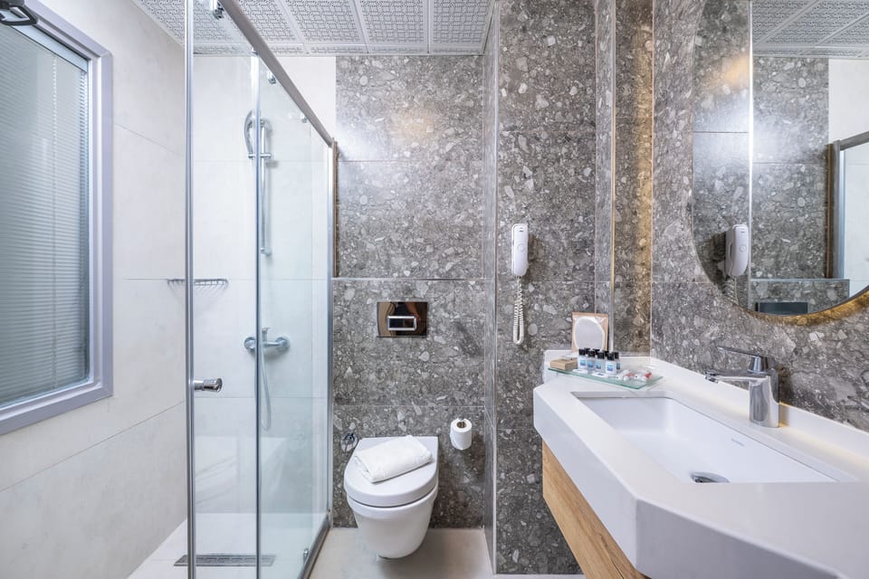 Shower, free toiletries, hair dryer, slippers