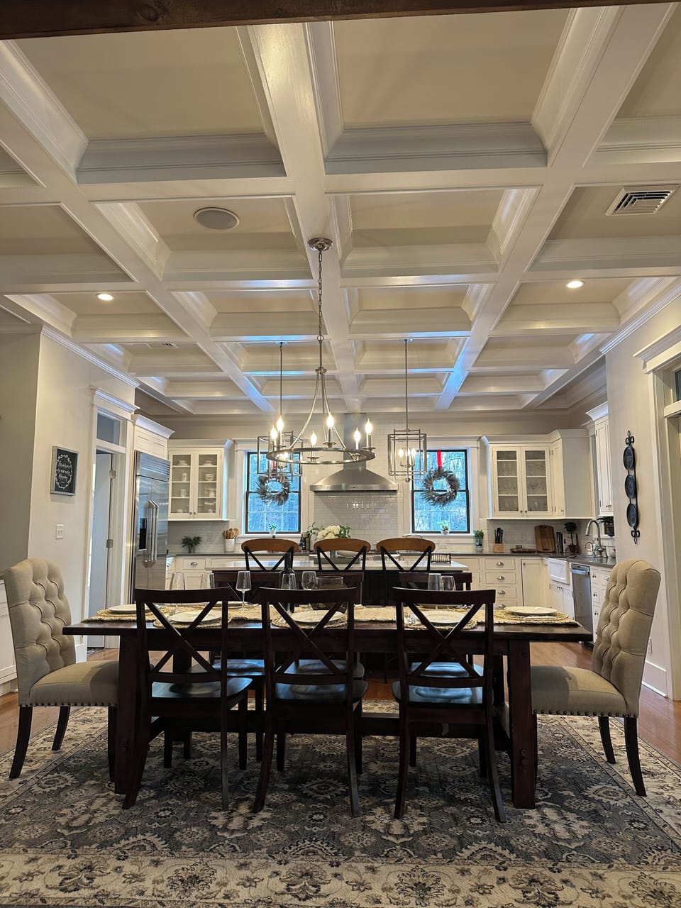Dining room table seats 8 plus there are 3 island bar stools