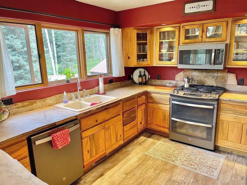 Stainless steel appliances and windows with a view make this kitchen a joy