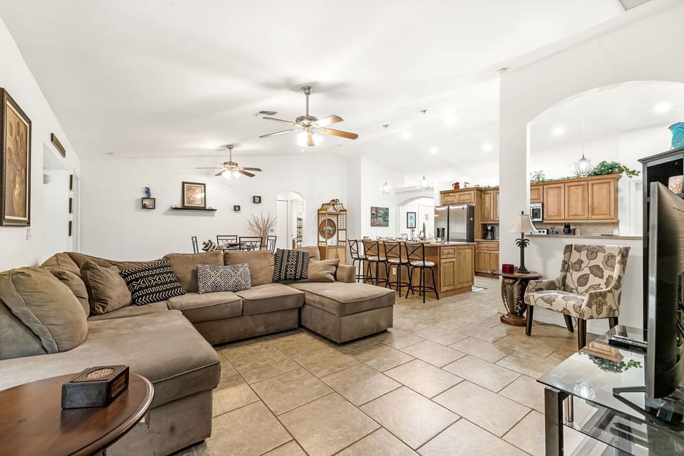 A spacious living room with plenty of seating