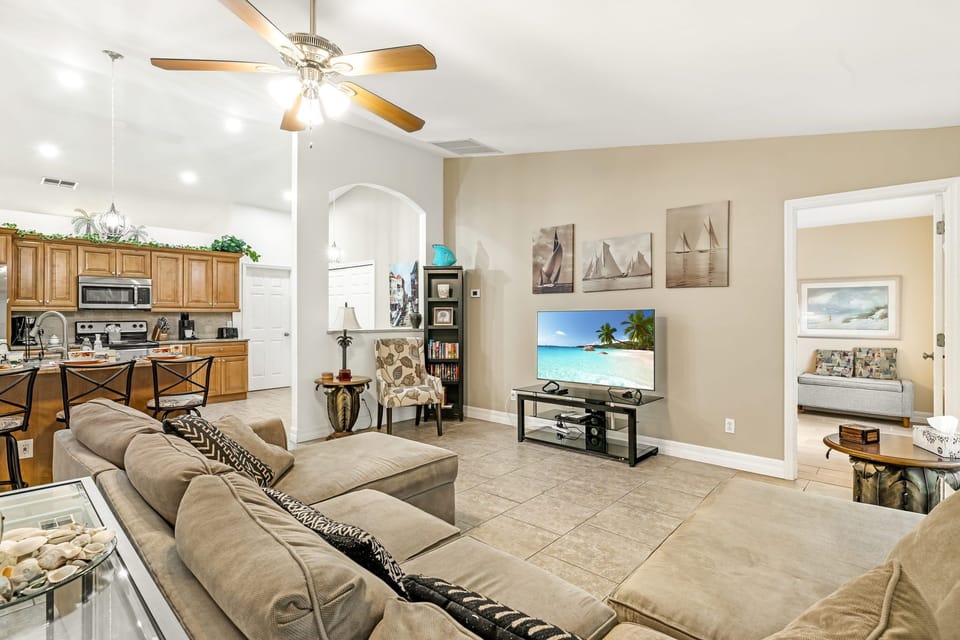 The living room also offers a flat-screen TV