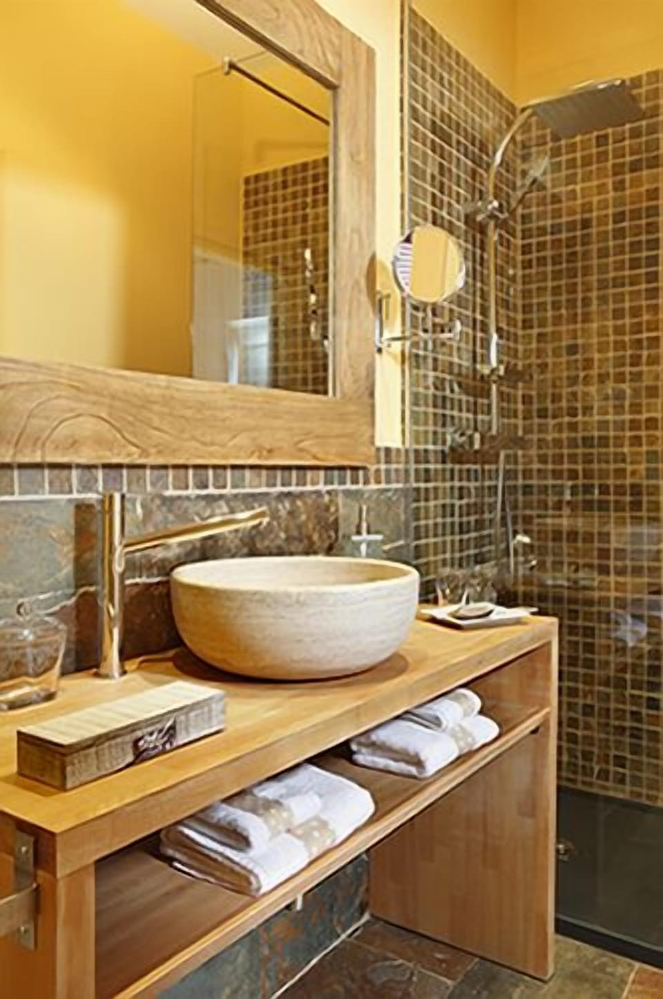Shower, bathrobes, slippers, towels