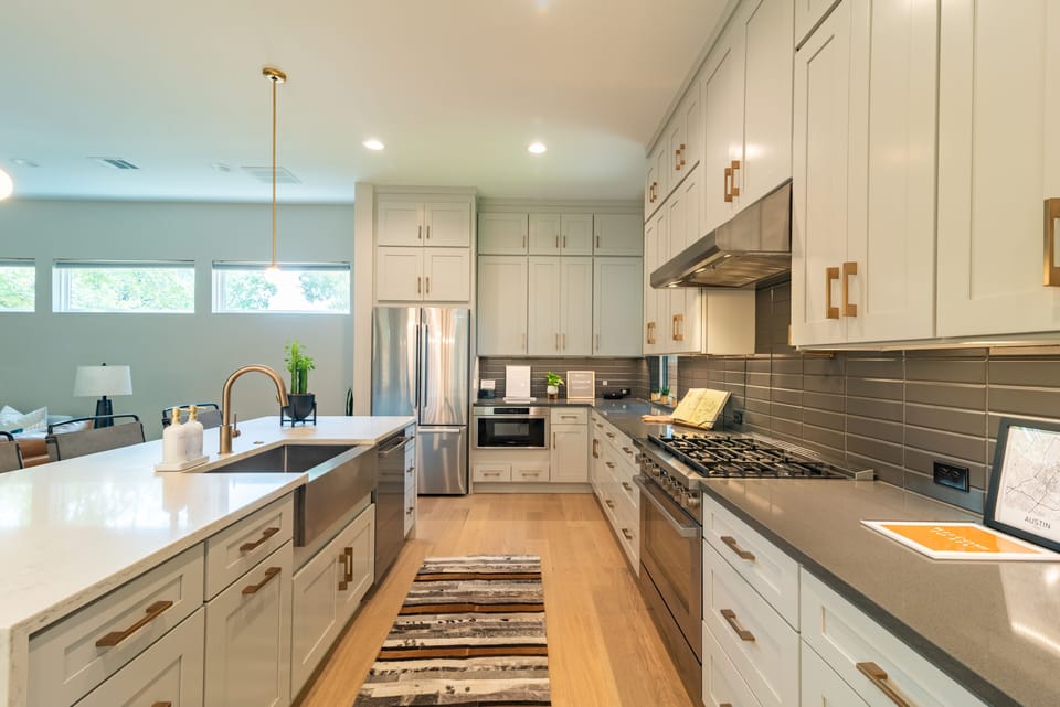 Whether you order in or prepare a feast the kitchen has all you could wish for.