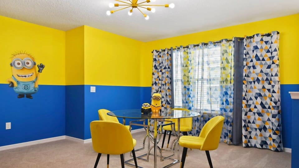 Cheerful seating area with Minion-themed decor, bright colors, and fun vibes!