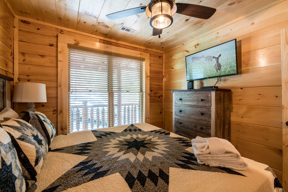 Storage space and television in main level room