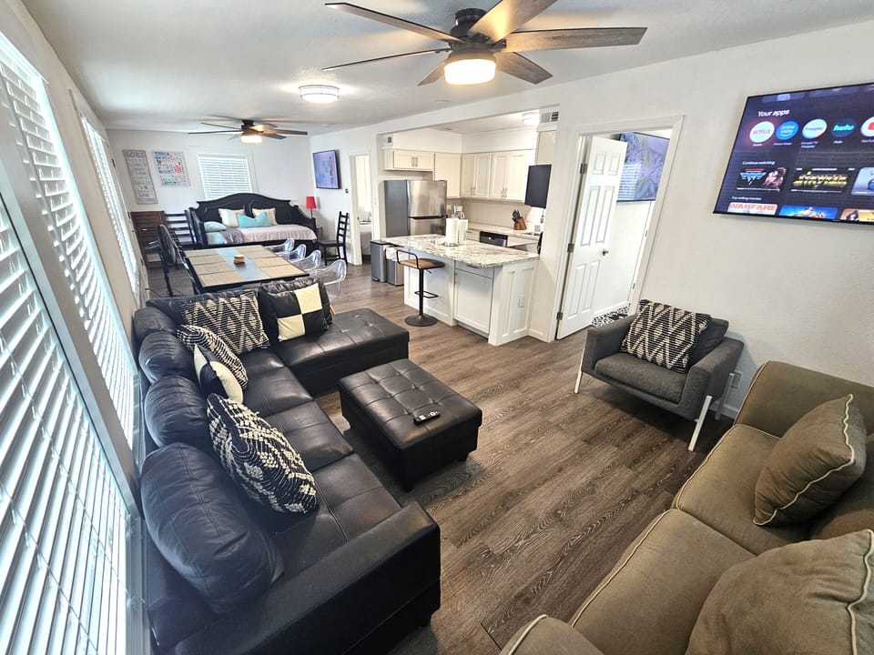 Lots of seating. Sectional sofa, queen sofa bed, chair.