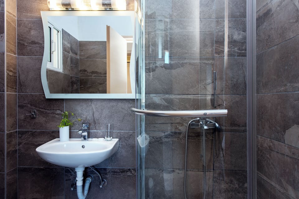 Shower, hair dryer, towels, shampoo