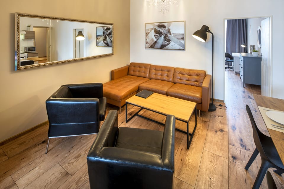 Living room with kitchenette and large dining room