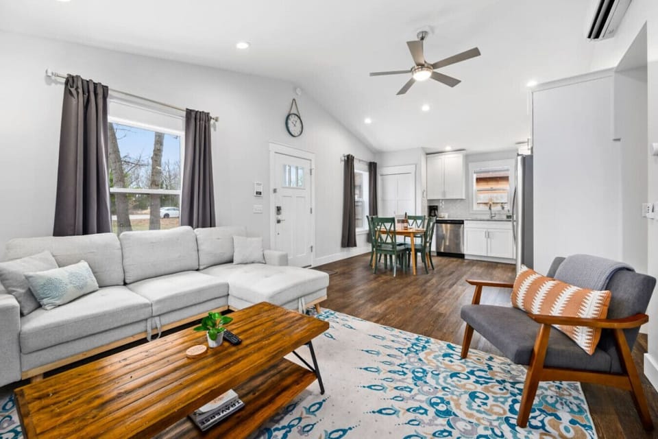 Couch transforms into full sleeper sofa, a queen air mattress is also available.