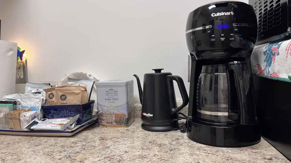 Coffee and tea included, tea, kettle, and other small appliances