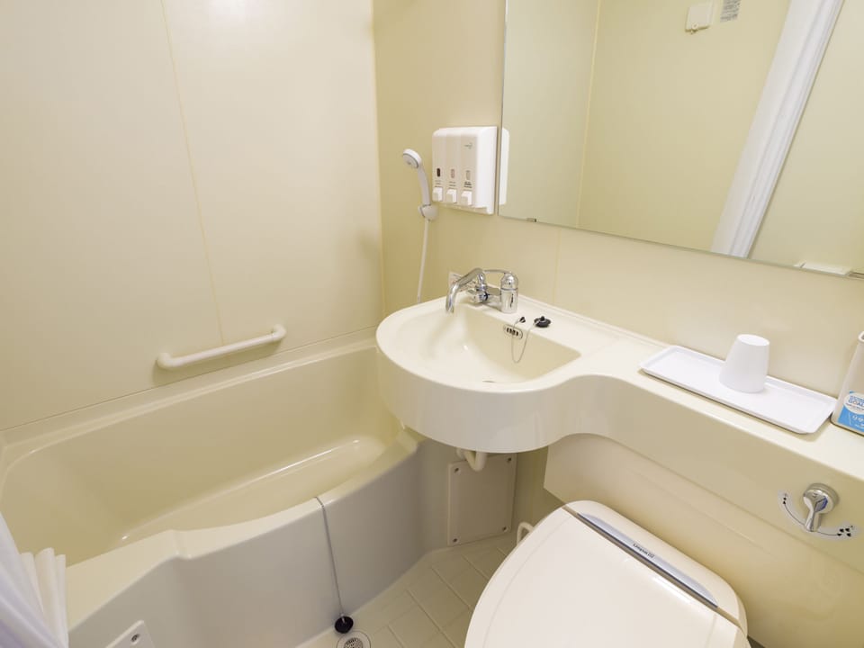 Separate tub and shower, rainfall showerhead, hair dryer, slippers