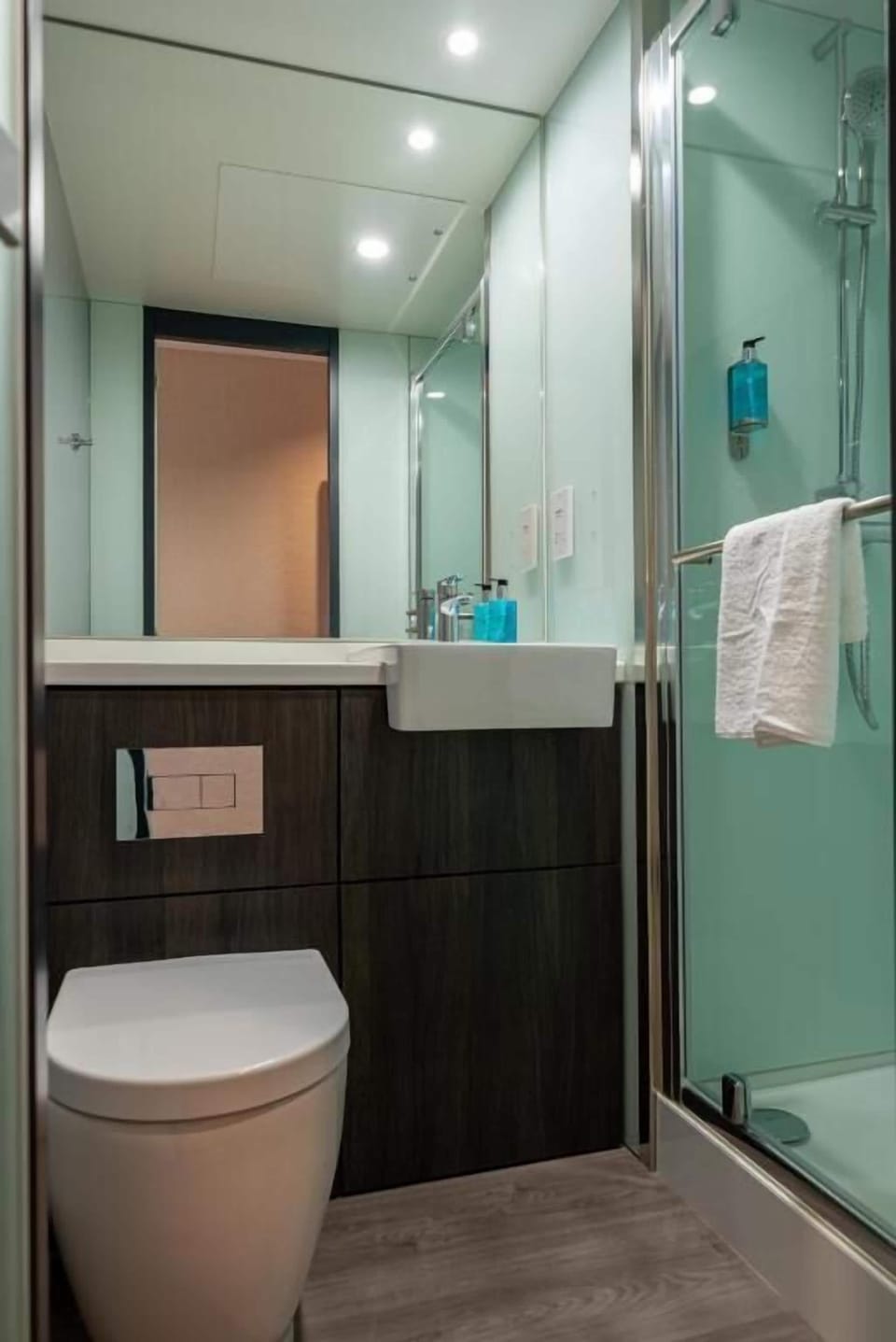 Shower, towels, soap, shampoo