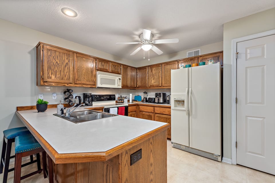 The kitchen is fully equipped for you—no food included.