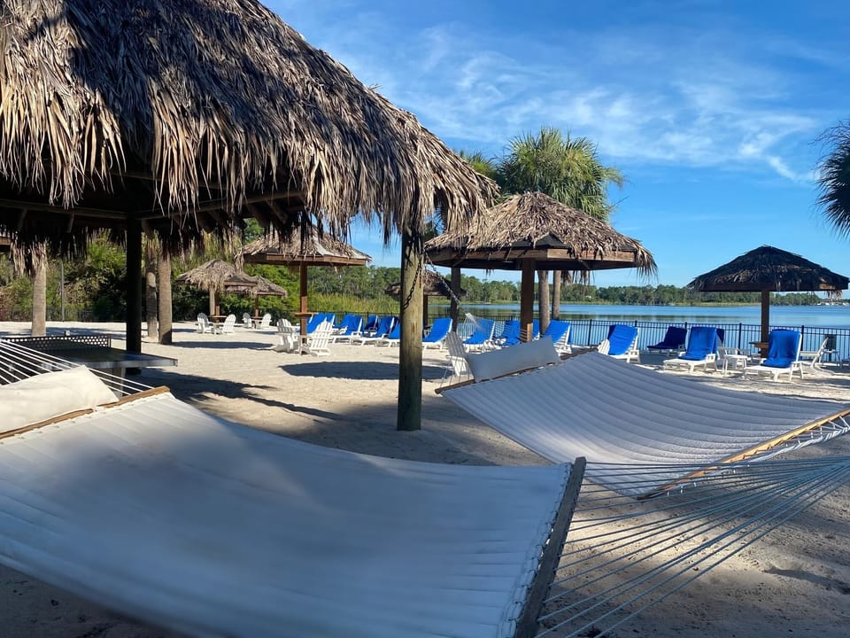 Hammocks on the beach 
Tiki huts for shade