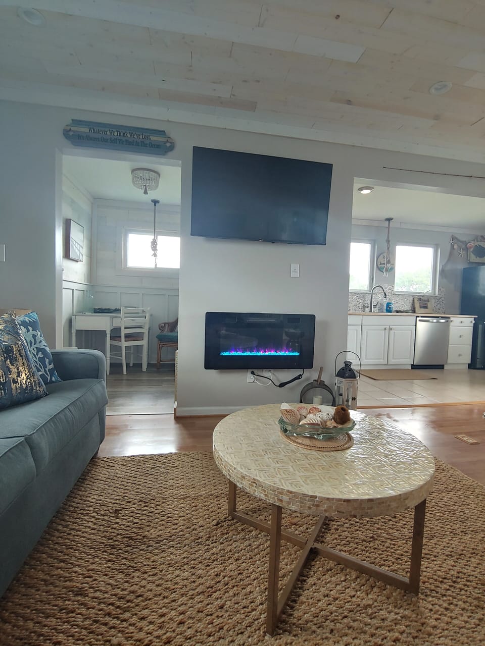 The fireplace offers a great ambiance, with various color choices. Heat too! 