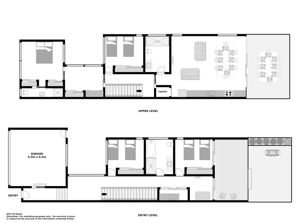 Spacious two-level layout with open living, deck, and outdoor dining