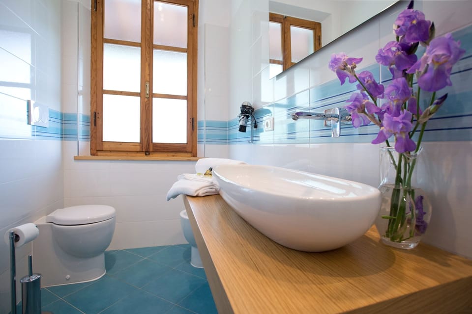Shower, rainfall showerhead, free toiletries, hair dryer