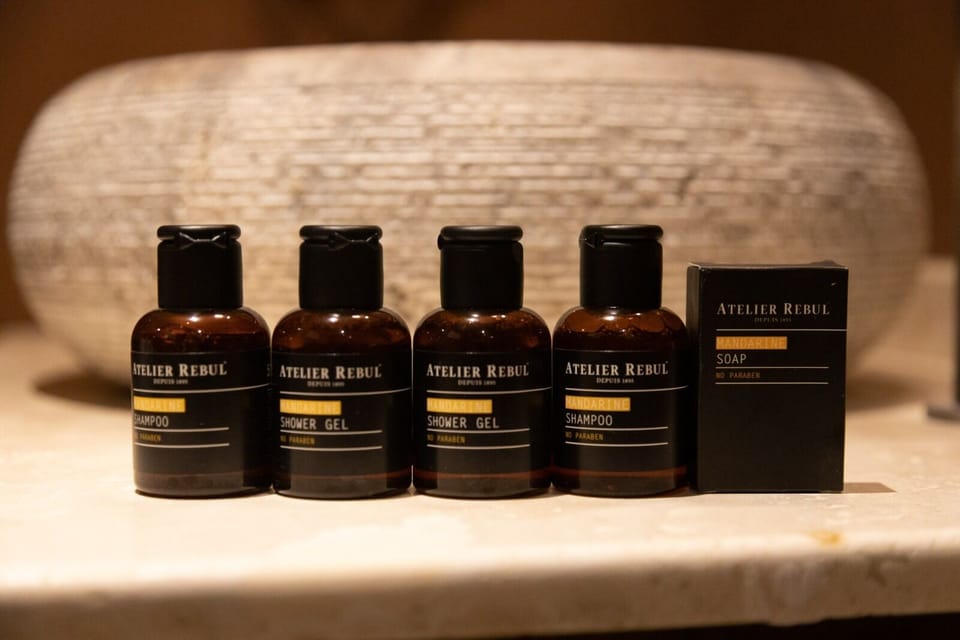 Shower, designer toiletries, hair dryer, bidet