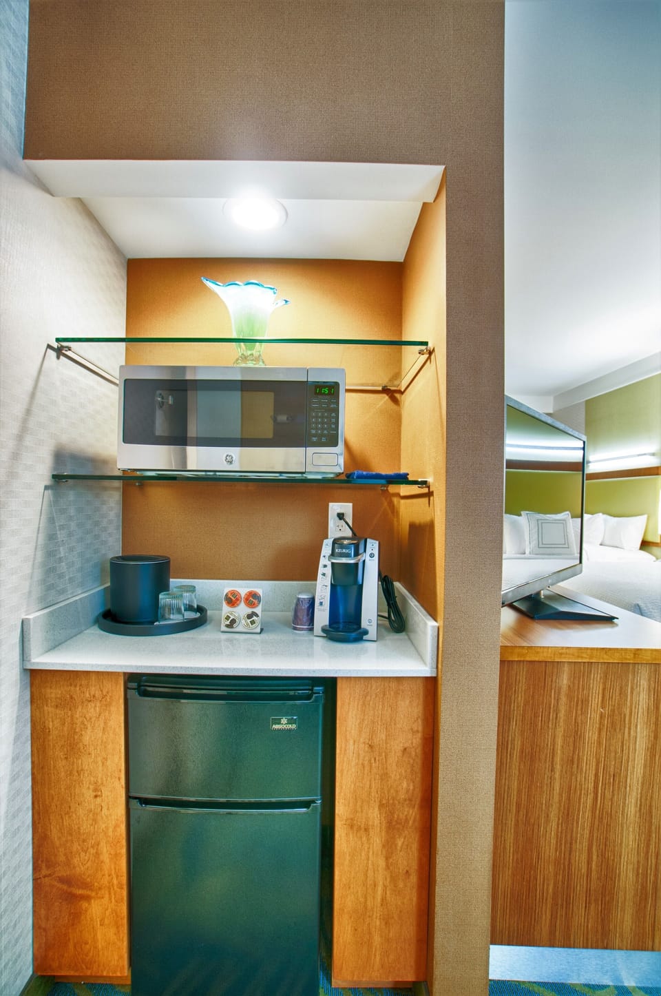 Mini-fridge, microwave, coffee/tea maker
