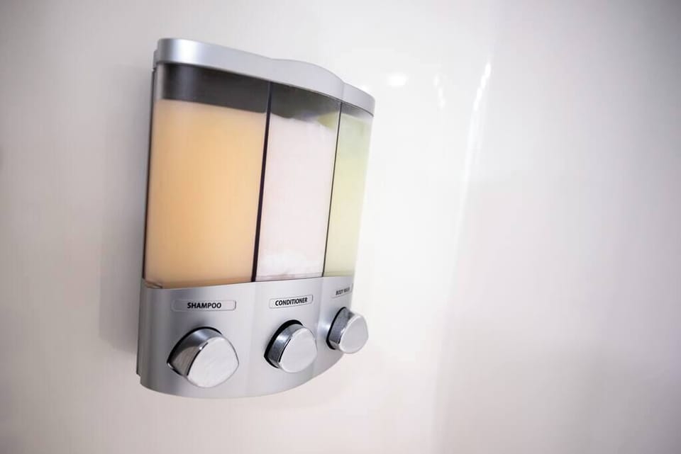 Shampoo, Conditioner & Body Wash dispenser for your convenience.  The toxin-free formula is paraben, sulfate, phosphate, and gluten-free.