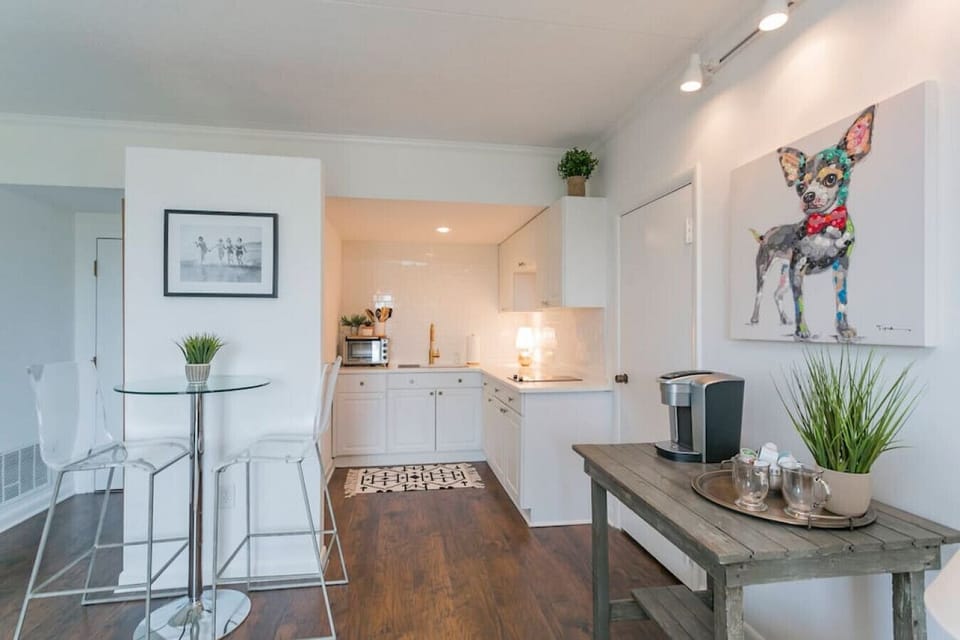 Kitchen stocked with a drip coffee maker (no Keurig).