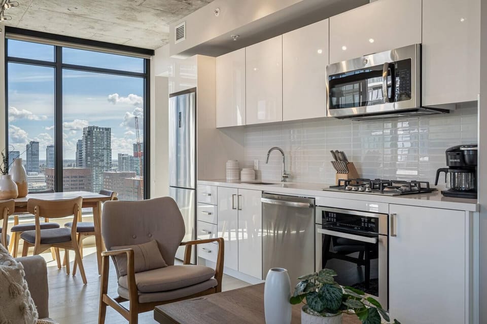The kitchen is stocked with basic starter items such as coffee, salt, pepper, cooking oil, paper towel, dishwasher pods, and garbage bags. Typically enough for about one week of use.