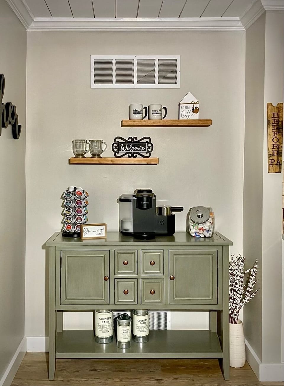 Coffee/tea bar that is stocked with an assortment of coffee/tea and creamers