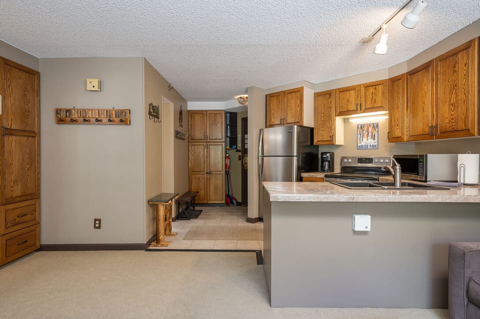 View of kitchen and entry and living area with murphy bed closed