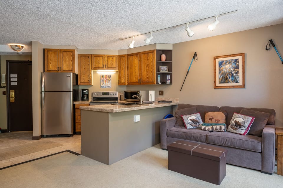 Kitchen and main living area, view from dining area