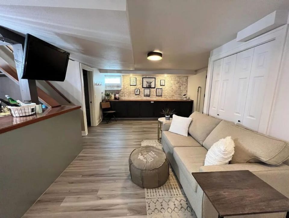 Living area with full size memory foam sleeper sofa.