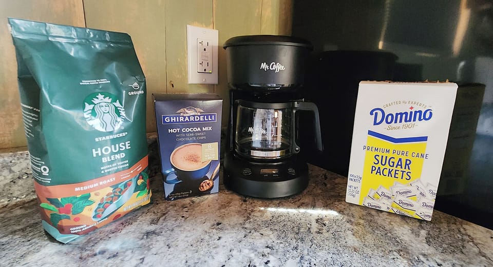 Coffee and related supplies come with every stay.