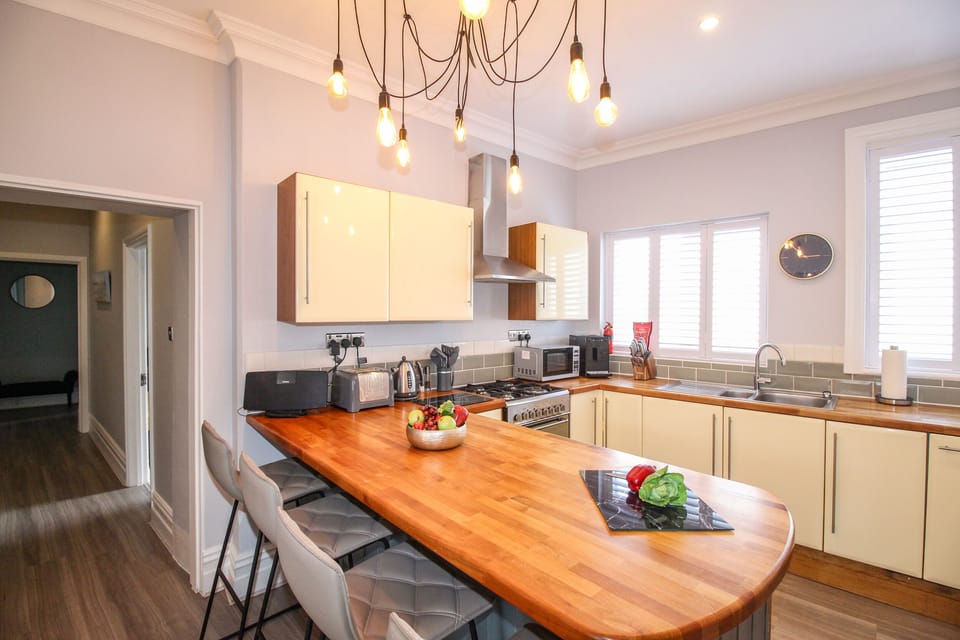 Fridge, microwave, electric kettle, toaster