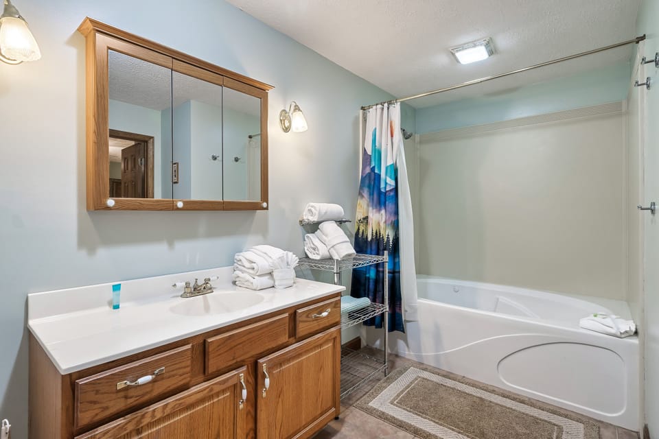 Spacious master bathroom with shower and tub. Walk-in closet available.