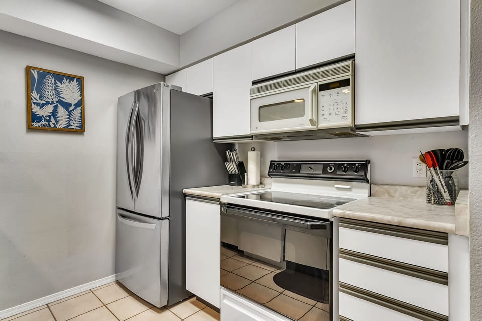 Kitchen with new nice refrigerator