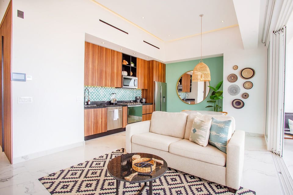 Living area features an ultra-comfy sofa bed