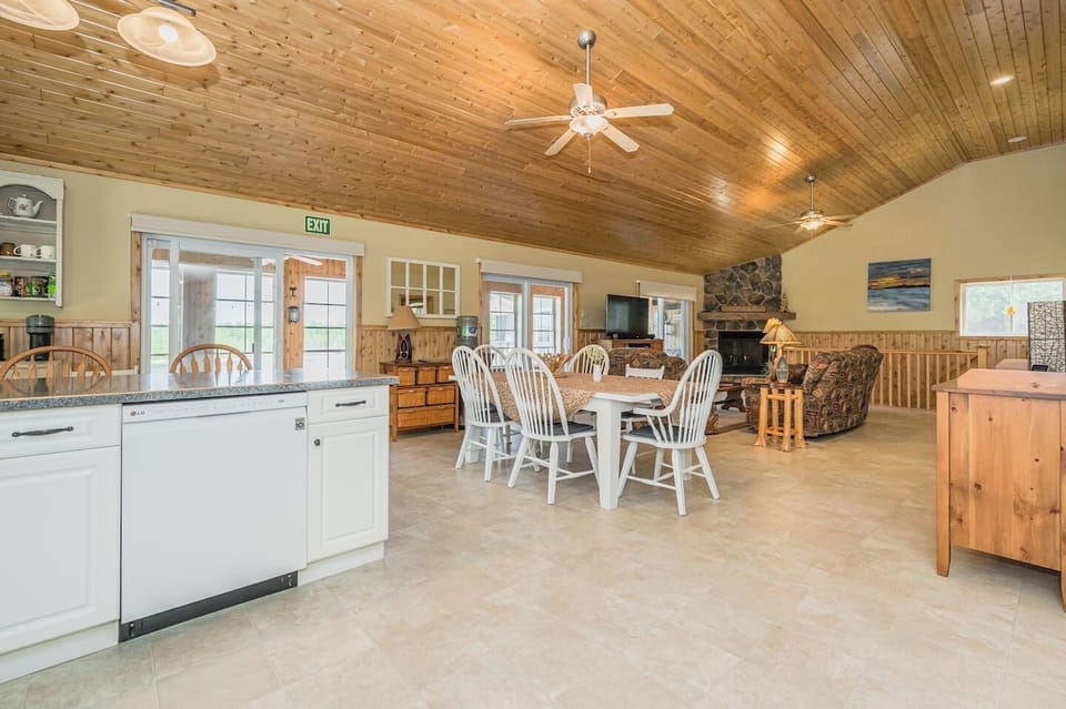 The kitchen island and dining area. 