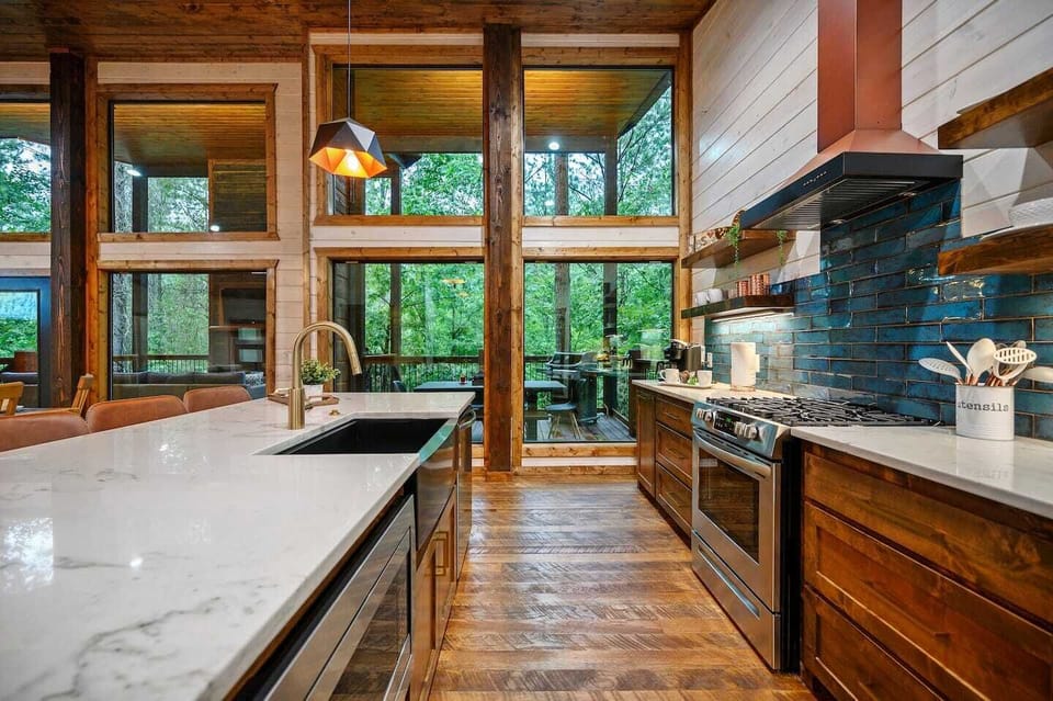 Kitchen overlooking back deck.  