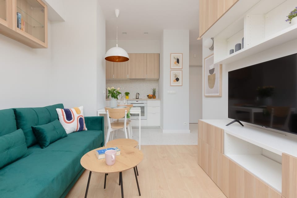 The living area has a comfortable green sofa next to which stands a coffee table. A flat-screen TV is visible opposite for evening entertainment.
