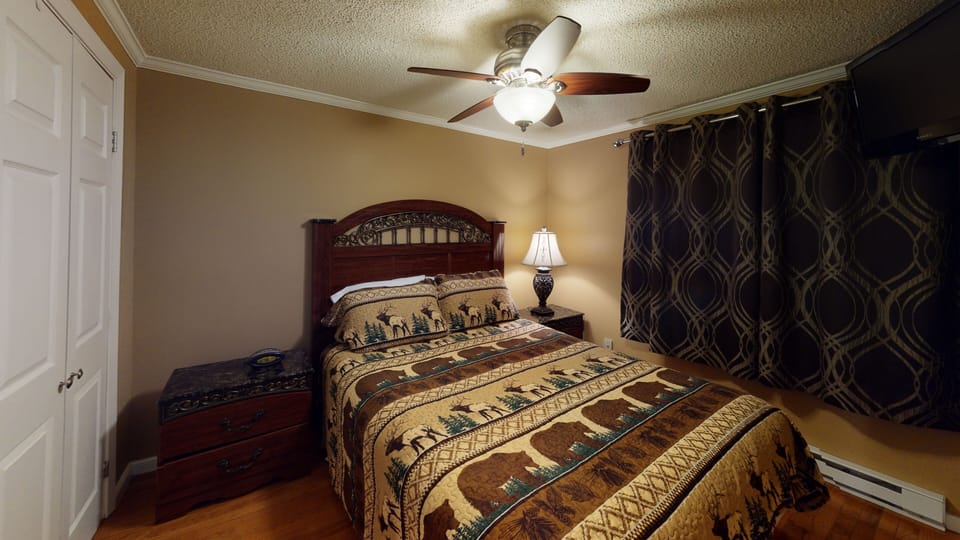 Queen bed, with two closets and tv with cable. 